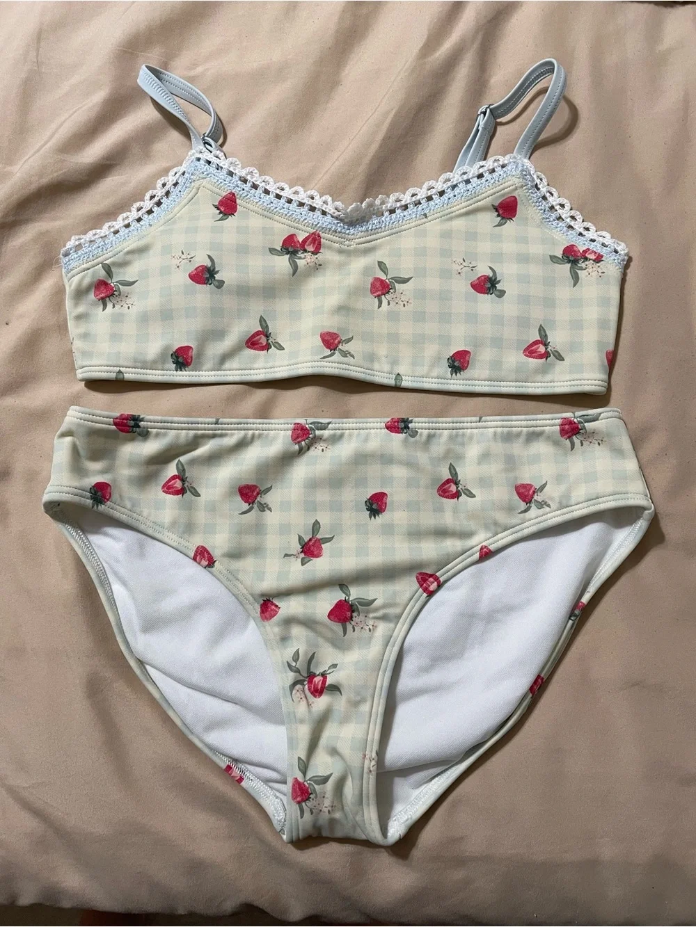 abercrombie kids Light Blue Gingham Strawberry Bralette & Brief Set